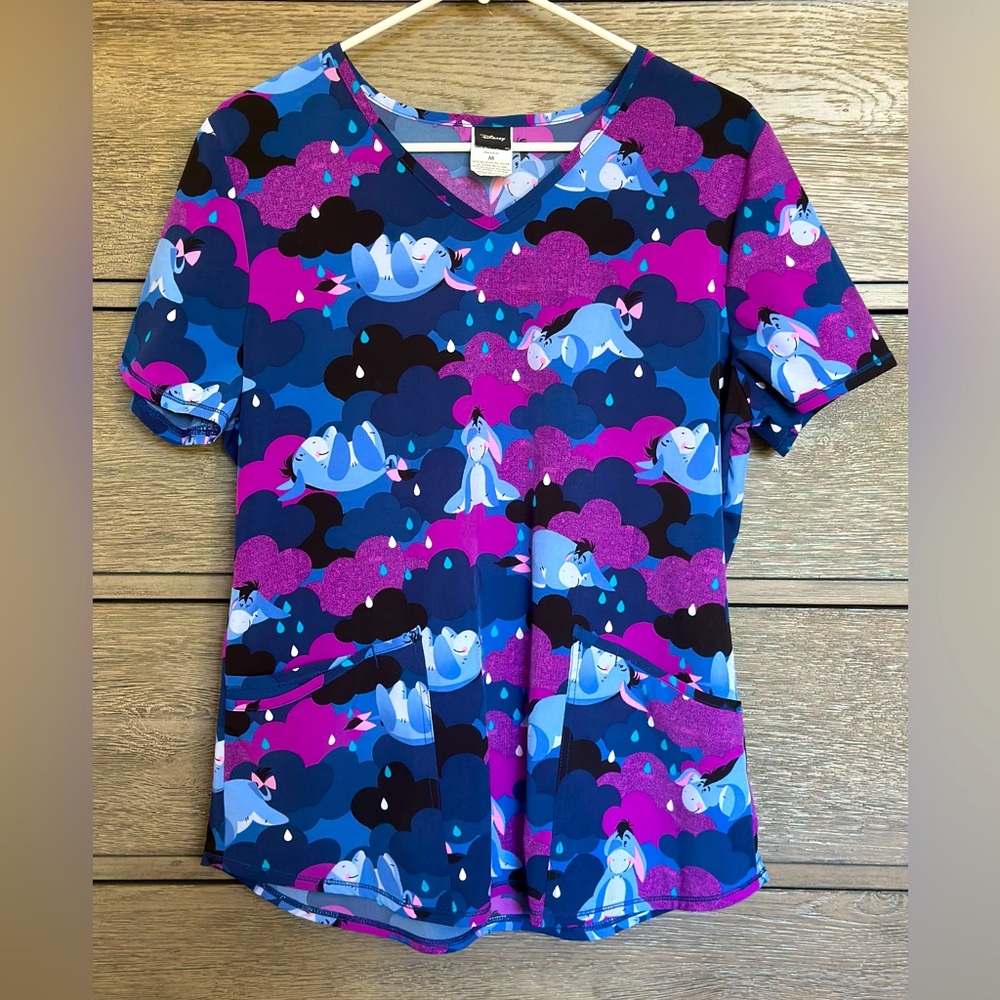 Disney Eeyore scrubs, multi purple camo rain clouds, Winnie the Pooh size M